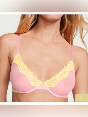 Victoria’s Secret Tease Unlined Demi Bra Pink Mesh Sheer Yellow Lace